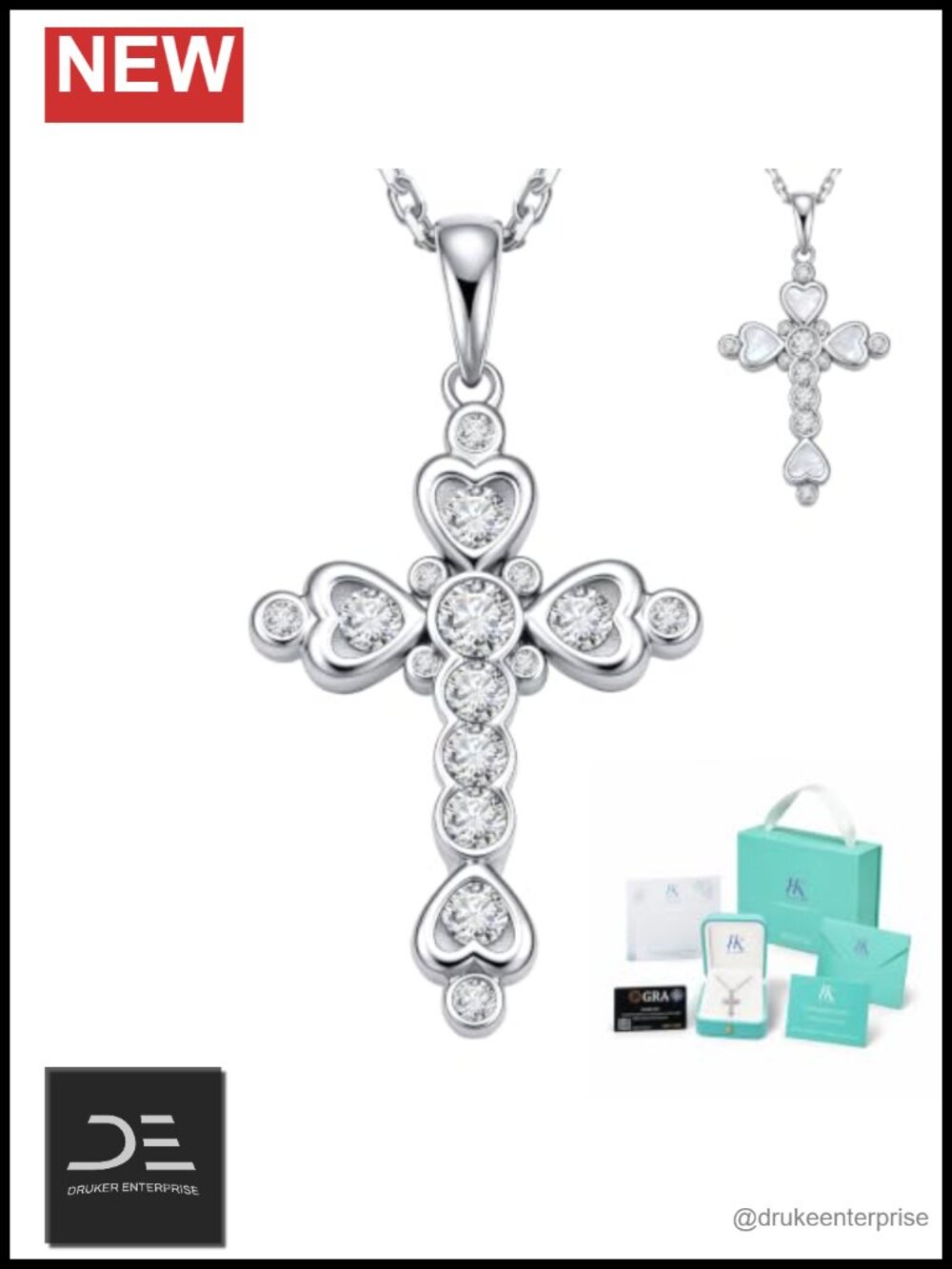925 Sterling Silver Reversible Cross Heart Necklace Moissanite for Women 20 inch